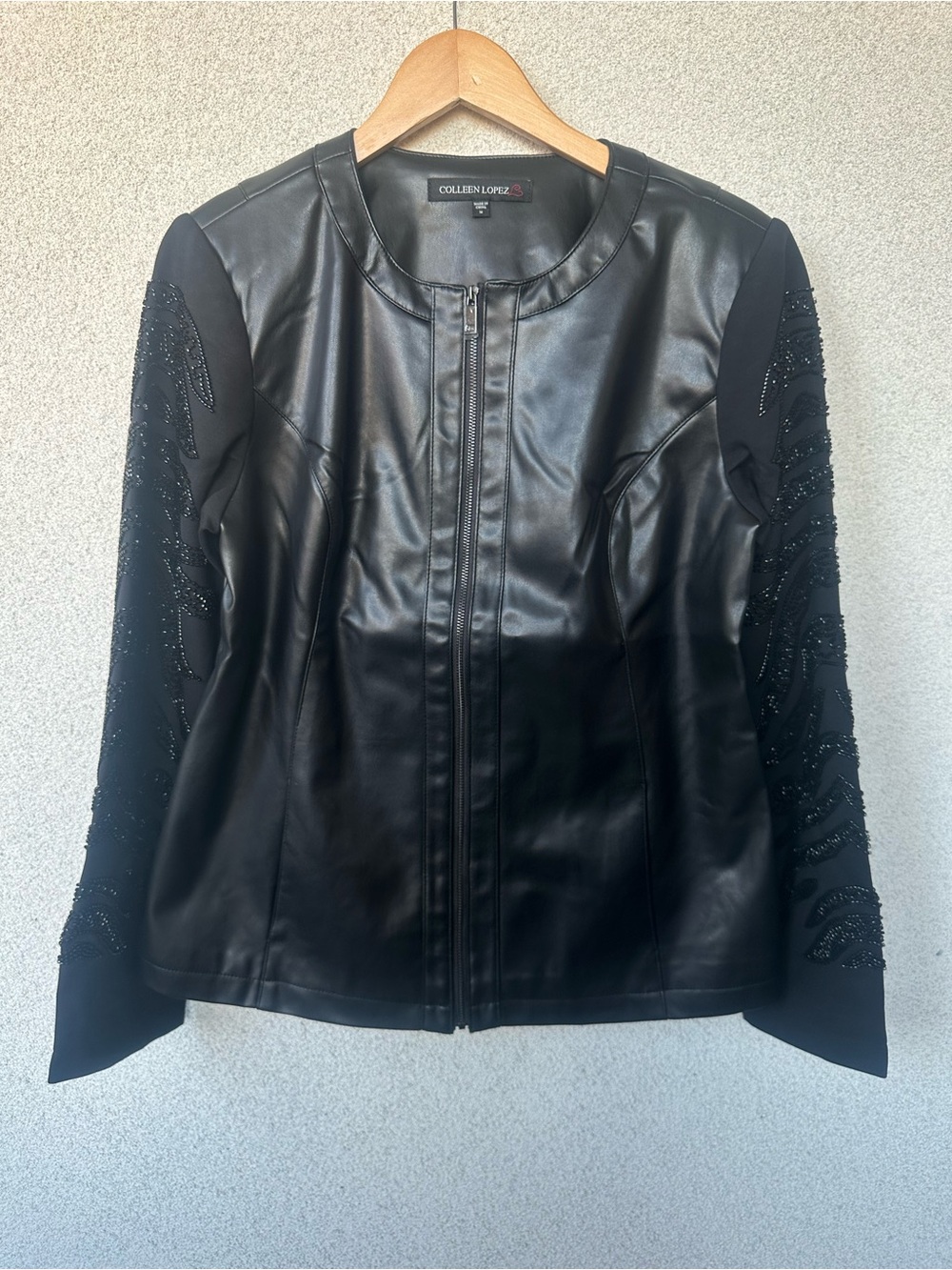 Colleen Lopez Black Faux Leather Jacket | Beaded Mesh Sleeves | Size Medium